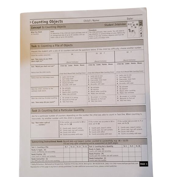 Counting Objects Book 1 Kathy Richardson 45 Student Forms Assessing Math Concept - Picture 11 of 14